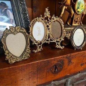 3 vintage shabby chic ornate romantic standing frames gold brass color unique